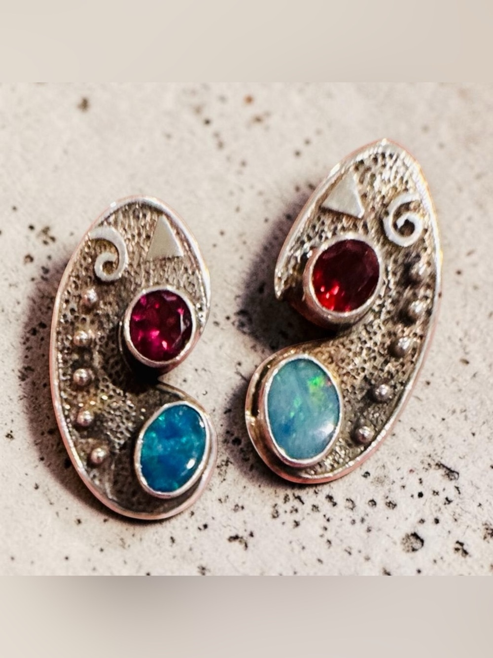 Artesian Signed Sterling Silver Earrings with Red and Blue Opal Accent Stones